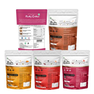 Nutty Gritties: Mixed Dry Fruits Combo Pack of 18 Nuts - Sports Mix, Mix Berries, Seeds Mix, Mom Superfood Mix and Dry Fruits Blend - 1.15Kg