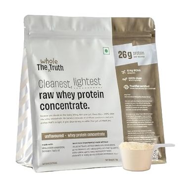 The Whole Truth: Whey Protein Concentrate Unflavoured 1 kg (2.2 lbs)  26g Protein per scoop  6.4g BCAA  100% Authentic Whey & No Adulteration  Clean and Light  Muscle Building  Vegetarian