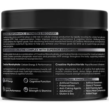 Wellbeing Nutrition: 100% Pure Micronised Creatine Powder Monohydrate + HCL Unflavoured 100g, 33 servings  Tested for Purity  For Muscle Strength & Recovery, Muscle Growth & Cognition  For Men & Women