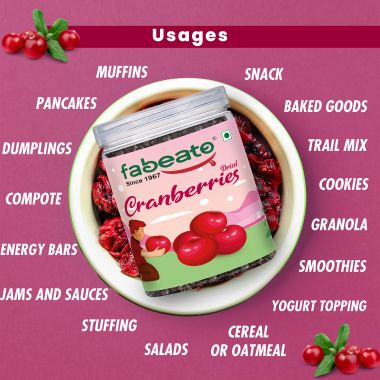 Fabeato: Premium Dried Cranberries 250g - Cranberry, Healthy Snack for kids and adults - Sweet Sliced Cranberries Rich in Antioxidants & Fiber - No Preservatives