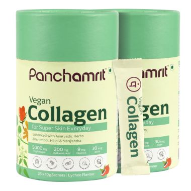 Panchamrit: Vegan Collagen Supplement 25*10g Sachet(Litchi)|Boosts Skin Elasticity,Anti Wrinkle,Strong Bones & Joints,Collagen(5g),Hyaluronic Acid, Pack of 2