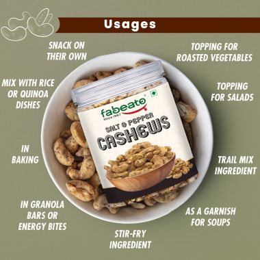 Fabeato: Salt & Pepper Cashews 250g - Premium Kaju Dry Fruits, Whole Crunchy Cashews- Rich in Protein, Nutritious, Crunchy & Delicious - Gluten Free -Plant based Protein