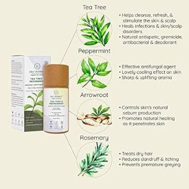 Juicy Chemistry: Tea Tree & Peppermint Dusting Powder, 35gm Vegan, Talc Free, for Men and Women, Daily Use for Face and Body, Skin Brightening, Oil Skin Control provides Matte Finish