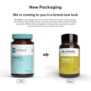 HK Vitals: Omega 3, 1000 mg Fish Oil with 180 mg EPA & 120 mg DHA, for Brain, Heart, Eyes, and Joints Health, 60 Fish Oil Capsules