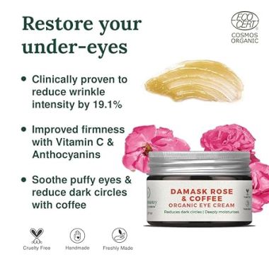 Juicy Chemistry: Damask Rose & Coffee Under Eye Cream, 5 g, Caffeine-rich Eye Cream for Dark Circles, Fine Lines & Puffy Under Eyes - Certified Organic Night Eye Cream