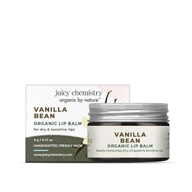 Juicy Chemistry: Vanilla Bean Organic Lip Balm, 5 g | Enriched with Delicate, Dreamy, Vanilla Beans, Cocoa Butter, Jojoba & Argan Oil to Smooth and Soften Dry, Chapped & Sensitive Lips | Lip Balm For Women & Men