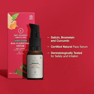 Juicy Chemistry: BHA Serum, 10 ml, For Face Acne Control & Pitted Scars, Certified Natural Clarifying Face Serum with Willow Bark & Turmeric, Exfoliates & Improves Skin Texture