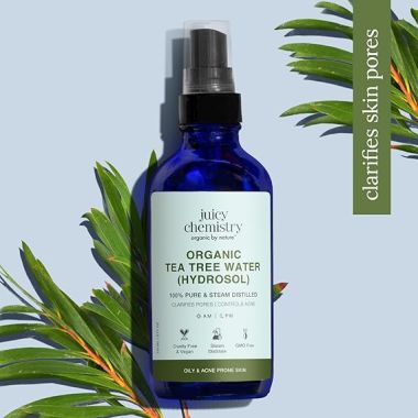 Juicy Chemistry: Organic Tea Tree Water 110ml | 100% Pure Steam Distilled Hydrosol For Skin, Hair & Body | Tea Tree Toner or Mist Spray | Certified, Cruelty & GMO Free, Vegan