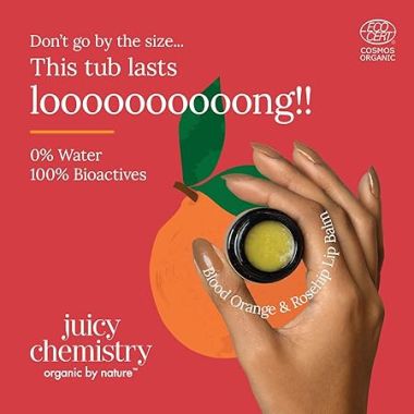 Juicy Chemistry: Blood Orange & Rosehip Lip Balm, 5 g | Enriched with Natural Ceramides to Hydrate, Moisturise & Reduce Pigmentation | Formulated with Organic Castor Oil, Jojoba Oil and Vitamin E to Soothe Dry & Chapped Lips for Soft, Healthy Lips | For Men and Women | C