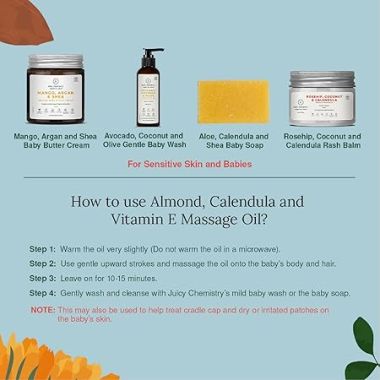 Juicy Chemistry: Almond, Calendula & Vitamin E Baby Massage Oil,100ml, Certified Organic Baby Body Oil for Scalp and Body Massage Suitable for New Born Baby & Sensitive Skin