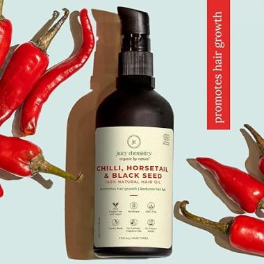 Juicy Chemistry: Chilli, Horsetail & Blackseed Hair Oil, 100 ml | Hair Growth Oil Enriched with Rosemary Oil & Kalonji Oil to Control Hair Fall | Clinically Proven Hair Growth Oil with Natural DHT Blockers for Men & Women | For Healthy Hair, Scalp Nourishment & Hair Grow