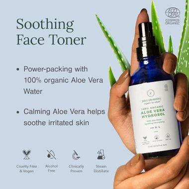 Juicy Chemistry: Aloe Vera Face Toner, 110ml | For Soothing, Calming Sensitive & Sun Damaged Skin | Made with 100% Pure Aloe Vera & 100% Certified Organic Mist Spray for Men and Women | Cruelty Free, Vegan