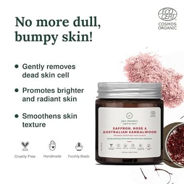 Juicy Chemistry: Saffron, Rose & Sandalwood Face Scrub, 75 g | Organic Powder Face Scrub for Gentle Exfoliation & Skin Brightening | Ecocert Certified Organic for Men & Women | Cruelty-free & 100% Vegan