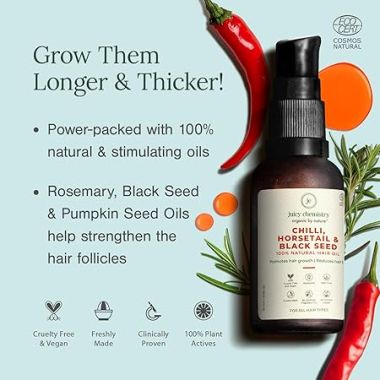 Juicy Chemistry: Chilli, Horsetail & Blackseed Hair Growth Oil, 30 ml | Enriched with Rosemary Oil & Kalonji Oil to Control Hair Fall | Clinically Proven Hair Growth Oil with Natural DHT Blockers for Men & Women | For Healthy Hair, Scalp Nourishment & Hair Regrowth | Der