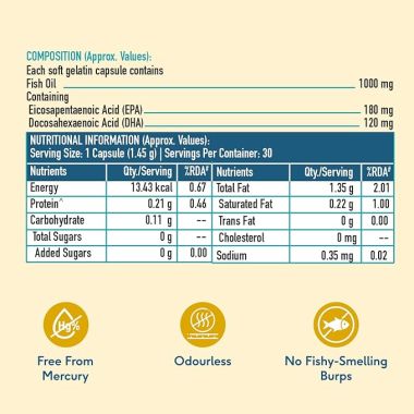 HK Vitals: Fish Oil Capsule For Men And Women (1000mg Omega 3 with 180 mg EPA & 120 mg DHA), for Brain, Heart, Eyes, and Joints Health, 30 Omega 3 Fish Oil Capsules