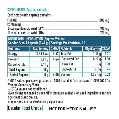 HK Vitals: Omega 3, 1000 mg Fish Oil with 180 mg EPA & 120 mg DHA, for Brain, Heart, Eyes & Joints Health, 90 Fish Oil Capsules