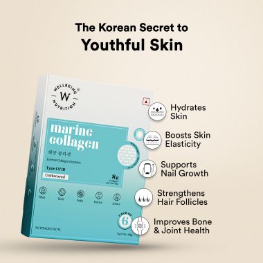 Wellbeing Nutrition: Pure Korean Marine Collagen Supplements for Women & Men | Clinically Proven Type 1 & 3 Hydrolyzed Peptides | For Anti-Aging, Radiant Skin & Hair Growth | Unflavored - 6 Sachets