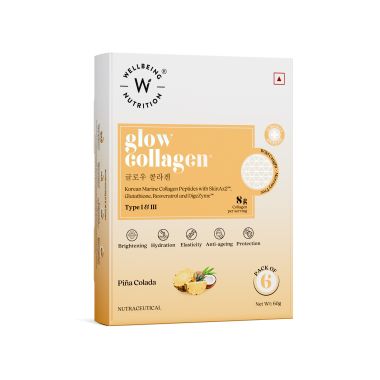 Wellbeing Nutrition: Glow Korean Marine Collagen | Clinically Proven Type 1 & 3 Peptides, SkinAX, Glutathione, Resveratrol | Skin Brightening, Anti-Aging, Anti-Pigmentation | Pinacolada - 6 Sachets