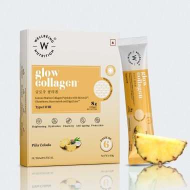 Wellbeing Nutrition: Glow Korean Marine Collagen | Clinically Proven Type 1 & 3 Peptides, SkinAX, Glutathione, Resveratrol | Skin Brightening, Anti-Aging, Anti-Pigmentation | Pinacolada - 6 Sachets