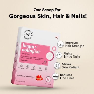 Wellbeing Nutrition: Beauty Korean Marine Collagen | Type 1 & 3 Peptides, Hyaluronic Acid, Astaxanthin, Biotin, Vit C | Hydration, Elasticity, Hair Growth, Anti-aging | Strawberry Watermelon 6 Sachets