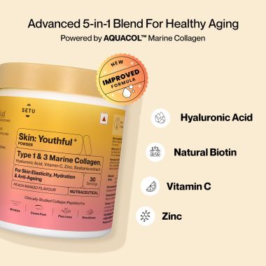 SETU: Skin Youthful Marine Collagen Powder Supplements for men and women,210 g | Hydrolyzed Collagen Peptides with N-Acetylglucosamine, Vitamin C, Zinc and Biotin | Supports Healthy Skin, Hair, Nails, Bones & Joint | Peach Mango Flavour (Pack of 2)