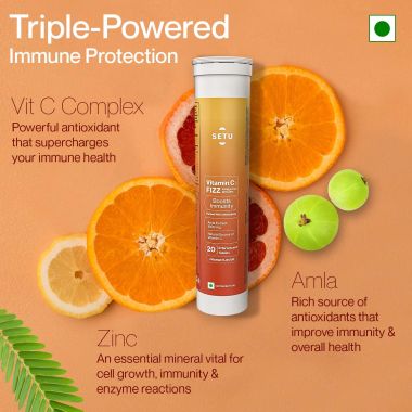 SETU: Vitamin C: Fizz - 20 Effervescent Tablets (Pack of 1) | Amla Extract and Zinc, Boost Immunity, Skin | Orange Flavour
