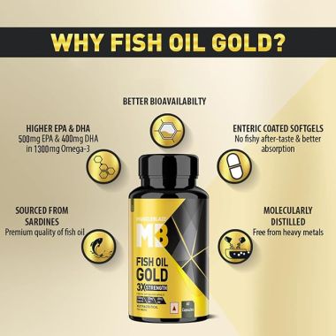 HK Vitals: Omega 3 Fish Oil Gold, 1300mg Omega 3  with 500mg EPA & 400mg DHA, 3x Triple Strength Formula, No Fishy Aftertaste, 60 Omega 3 Fish Oil Capsules