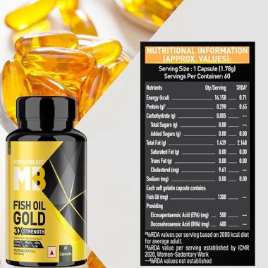 HK Vitals: Omega 3 Fish Oil Gold, 1300mg Omega 3  with 500mg EPA & 400mg DHA, 3x Triple Strength Formula, No Fishy Aftertaste, 60 Omega 3 Fish Oil Capsules