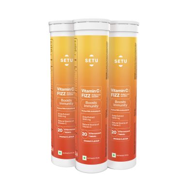 SETU: Vitamin C: Fizz - 60 Effervescent Tablets (Pack of 3) | Amla Extract and Zinc, Boost Immunity, Skin | Orange Flavour
