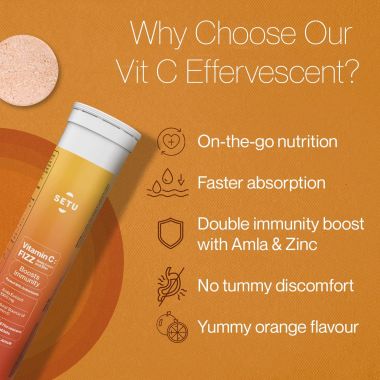 SETU: Vitamin C: Fizz - 60 Effervescent Tablets (Pack of 3) | Amla Extract and Zinc, Boost Immunity, Skin | Orange Flavour