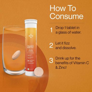SETU: Vitamin C: Fizz - 60 Effervescent Tablets (Pack of 3) | Amla Extract and Zinc, Boost Immunity, Skin | Orange Flavour