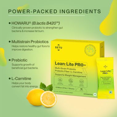 SETU: Lean Lite Pro(15)+ Weight Management Gut Health Powder | Clinically-Proven HOWARU® Shape Probiotic From USA | Probiotics, Prebiotics + L-Carnitine | For Men & Women (15 Sachet)