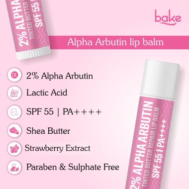 Bake Cosmetics: 2% Alpha Arbutin Tinted Butter Brightening Lip Balm SPF 55 PA++++ with Niacinamide For Dark, Pigmented, Dry & Chapped Lips For UVA/B Rays Sun Protection 