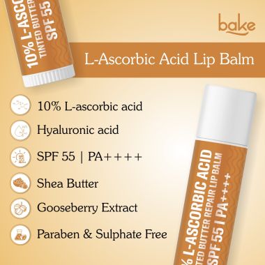 Bake Cosmetics: 10% L-Ascorbic Acid Tinted Butter Brightening Lip Balm SPF 55 PA++++ with Hyaluronic Acid 24 Hour Moisturization For Dark, Pigmented, Dry & Chapped Lips