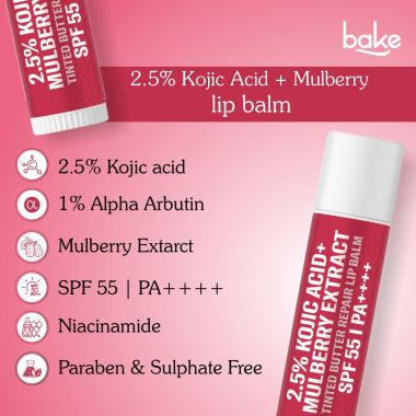 Bake Cosmetics: 2.5% Kojic Acid Mulberry Extract Tinted Butter Brightening Lip Balm SPF 55 PA++++ 24 Hour Moisturization For Dark, Pigmented, Dry & Flaky Lips
