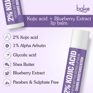 Bake Cosmetics: 2% Kojic Acid Tinted Butter Lip Brightening Balm with 1% Alpha Arbutin & Glycolic Acid 24 Hours Moisturization For Dark, Pigmented, Dry, Flaky Lips | De-Tan Lip Balm