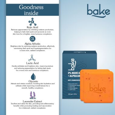 Bake Cosmetics: 2% Kojic Acid Soap with Alpha Arbutin, Lactic Acid & Niacinamide For Pigmentation, Dark Spots, Tan Removal, Brightens Underarms-Pack of 3(100g x 3)