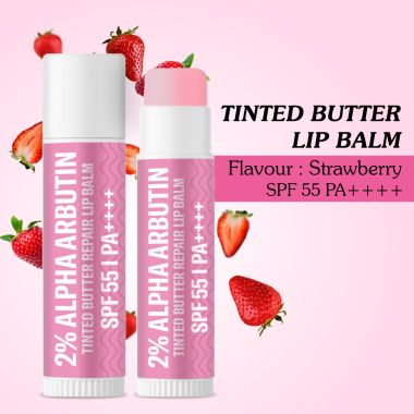 Bake Cosmetics: 2% Alpha Arbutin Tinted Butter Brightening Lip Balm SPF 55 PA++++ with Niacinamide For Dark, Pigmented, Dry & Chapped Lips For UVA/B Rays Sun Protection 