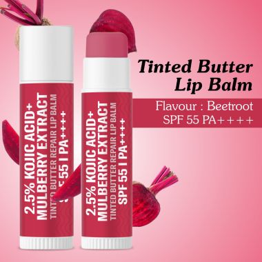 Bake Cosmetics: 2.5% Kojic Acid Mulberry Extract Tinted Butter Brightening Lip Balm SPF 55 PA++++ 24 Hour Moisturization For Dark, Pigmented, Dry & Flaky Lips
