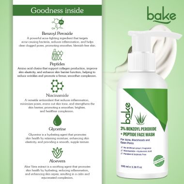 Bake Cosmetics: 3% Benzoyl Peroxide + Peptide Milky Face Wash For Reduces Acne, Open Pores & Blackheads