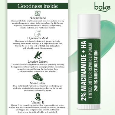 Bake Cosmetics: 2% Niacinamide + Hyaluronic Acid Tinted Butter Brightening Lip Balm 24 Hour Moisturization For Dark, Pigmented, Dry, Flaky Lips 