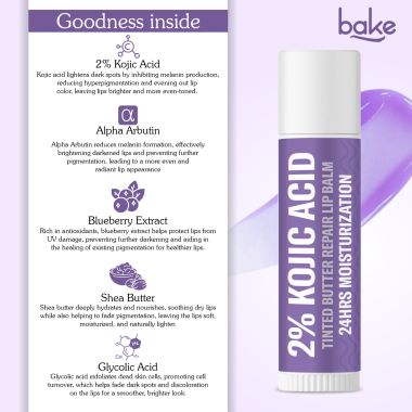 Bake Cosmetics: 2% Kojic Acid Tinted Butter Lip Brightening Balm with 1% Alpha Arbutin & Glycolic Acid 24 Hours Moisturization For Dark, Pigmented, Dry, Flaky Lips | De-Tan Lip Balm