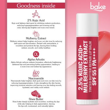 Bake Cosmetics: 2.5% Kojic Acid Mulberry Extract Tinted Butter Brightening Lip Balm SPF 55 PA++++ 24 Hour Moisturization For Dark, Pigmented, Dry & Flaky Lips