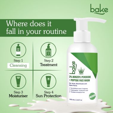 Bake Cosmetics: 3% Benzoyl Peroxide + Peptide Milky Face Wash For Reduces Acne, Open Pores & Blackheads