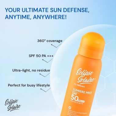 Eclipse Solaire: Lumiere Mist Sunscreen Spray SPF 50 PA+++ UVA/ UVB/ IR / BR / VR /No White Cast /All Skin Types 100ml