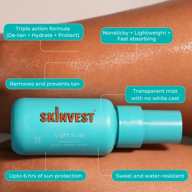 Skinvest: Light it up Sunscreen body spray - SPF 40 PA ++++ 100ml | with Kumkumadi Tailam | De-tans & Hydrates | Brightens Skin Tone | Removes Pigmentation | For All Skin Types | No white cast | No alcohol | Dermatologist Tested