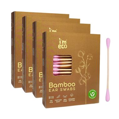 IMECO Bamboo Ear Swabs | 100 Soft Double-Tip Cotton Buds | Pack of 4