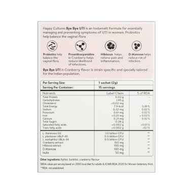 Happy Cultures: Bye Bye UTI with D-Mannose, Cranberry & Probiotics |15 Sachets (2g Each)