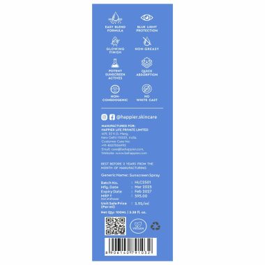 Happier: Sunscreen Spray SPF 50 PA+++ , UVA/UVB Protection, Broad Spectrum With Zinc Oxide