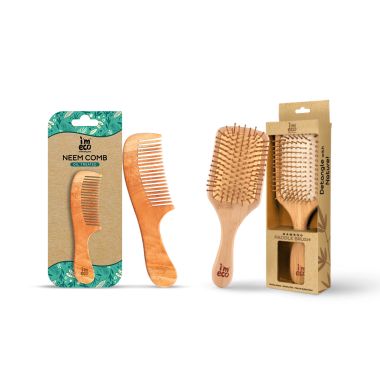 Wide Tooth Neem Wood Comb & Bamboo Hair Brush Combo | Hair Comb Set | Unisex...